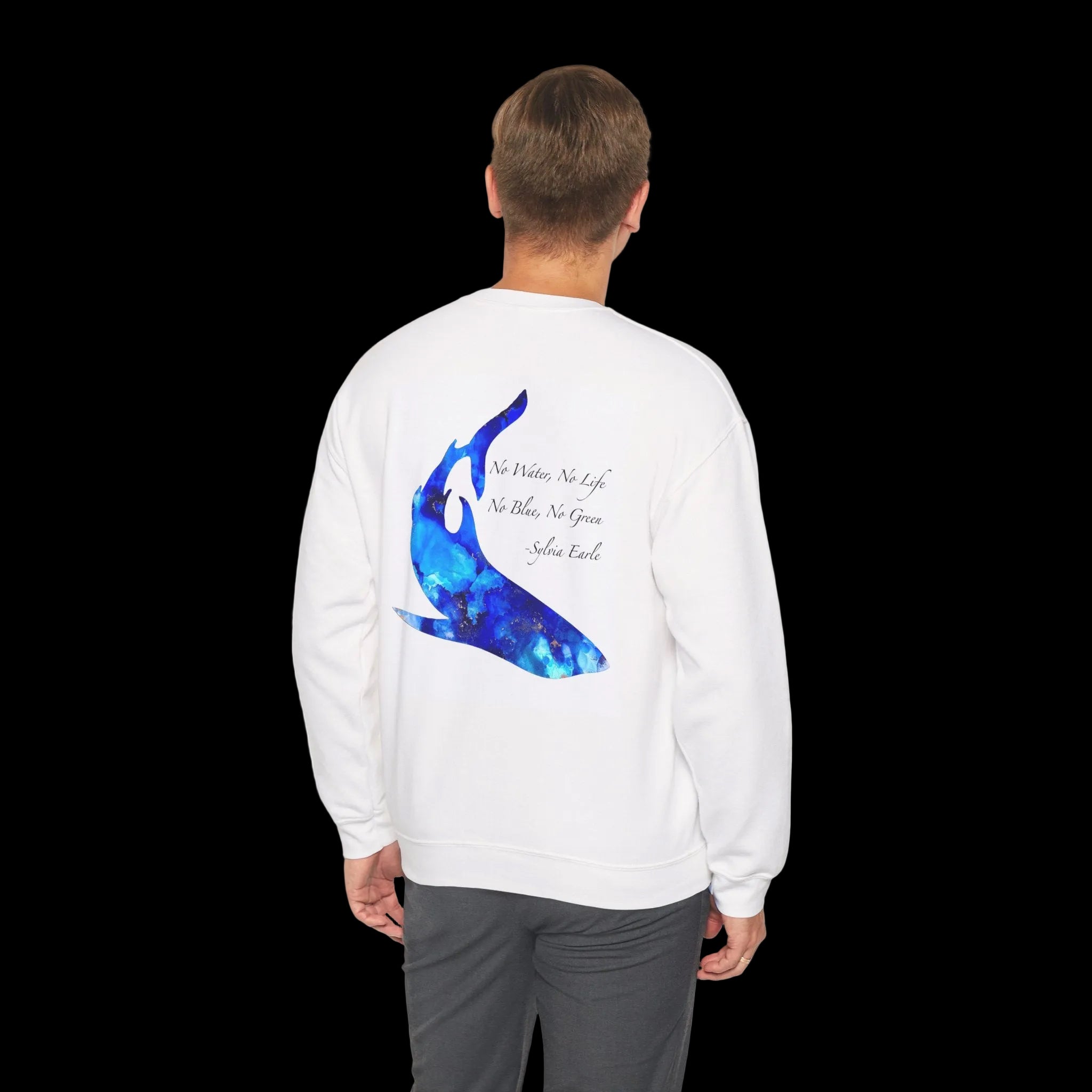 Shark Conservation Crewneck Sweatshirt — "No Water No Life, No Blue No Green" Graphic